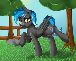 Size: 1500x1200 | Tagged: safe, artist:blues4th, oc, oc only, oc:kepler, species:pegasus, species:pony, pony town, bedroom eyes, male, outdoors, solo, stallion, standing, tree, wings
