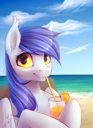Size: 800x1100 | Tagged: safe, artist:andyfirelife, oc, oc only, oc:gabriel, species:pegasus, species:pony, beach, drink, drinking straw, ear fluff, female, hoof hold, looking at you, mare, smiling, solo