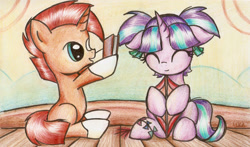 Size: 1947x1143 | Tagged: safe, artist:nika191319, character:starlight glimmer, character:sunburst, species:pony, species:unicorn, book, colored pencil drawing, colt, colt sunburst, cute, female, filly, filly starlight glimmer, foal, glimmerbetes, happy, kite, male, sunbetes, that pony sure does love kites, traditional art, weapons-grade cute, younger