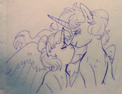 Size: 1233x956 | Tagged: safe, artist:soft-arthropod, character:princess celestia, character:trixie, species:alicorn, species:pony, species:unicorn, boop, crying, female, happy, lesbian, noseboop, nuzzling, shipping, smiling, traditional art, trixlestia