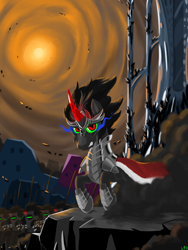 Size: 1536x2048 | Tagged: safe, artist:qzygugu, character:king sombra, species:pony, species:unicorn, armor, army, cape, clothing, crystal empire, looking at you, male, stallion