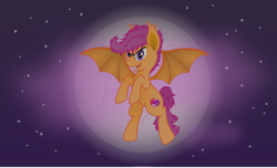 Size: 6427x3900 | Tagged: safe, artist:steam-loco, character:scootaloo, species:bat pony, species:pony, absurd resolution, bat ponified, fangs, female, flying, full moon, looking at you, moon, night, night sky, race swap, scootabat, scootaloo can fly, sky, solo, stars, vector