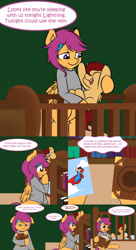 Size: 2100x3850 | Tagged: safe, artist:omgproductions, character:scootaloo, oc, oc:lightning blitz, parent:rain catcher, parent:scootaloo, parents:catcherloo, species:pegasus, species:pony, comic:ask motherly scootaloo, motherly scootaloo, baby, baby pony, book, bookshelf, colt, comic, crib, crying, dialogue, female, hairpin, holding a pony, male, mother and son, offspring, older, older scootaloo, speech bubble, story time, superman, sweatshirt