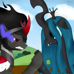 Size: 847x847 | Tagged: safe, artist:rodolfomushi, character:king sombra, character:queen chrysalis, ship:chrysombra, episode:the crystal empire, g4, my little pony: friendship is magic, female, hoofwrestle, male, shipping, straight