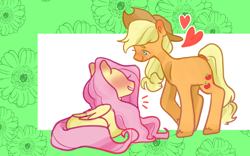 Size: 1920x1200 | Tagged: safe, artist:milky-rabbit, character:applejack, character:fluttershy, species:earth pony, species:pegasus, species:pony, ship:appleshy, duo, female, folded wings, heart, lesbian, long mane, looking at each other, lying down, mare, shipping