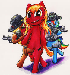 Size: 1752x1888 | Tagged: safe, artist:mr.candy_owo, character:applejack, character:rainbow dash, oc, oc:blitz ash, species:pony, clothing, gun, hat, ponies with guns, simple background, standing, traditional art, weapon
