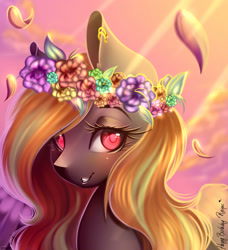 Size: 2300x2527 | Tagged: safe, artist:bambudess, oc, oc only, oc:hibiki blackwing, species:pony, ear piercing, female, floral head wreath, flower, gift art, looking at you, mare, piercing, smiling, solo