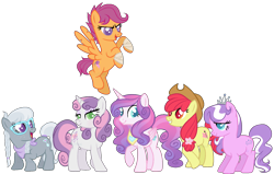 Size: 1700x1084 | Tagged: safe, artist:lullabyprince, base used, character:apple bloom, character:diamond tiara, character:princess flurry heart, character:scootaloo, character:silver spoon, character:sweetie belle, species:alicorn, species:earth pony, species:pegasus, species:pony, species:unicorn, alternate hairstyle, alternate mane six, alternate universe, bandage, bandana, colored pupils, female, freckles, mare, older, older apple bloom, older diamond tiara, older flurry heart, older scootaloo, older silver spoon, older sweetie belle, simple background, transparent background