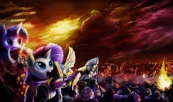 Size: 2560x1511 | Tagged: safe, artist:dasha1blaze, artist:stdeadra, character:rarity, character:twilight sparkle, species:pony, armor, army, chaos, chaos space marine, clothing, collaboration, crossover, emperor's children, female, fight, mare, open mouth, space marine, warhammer (game), warhammer 40k