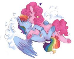 Size: 1444x1168 | Tagged: safe, artist:soft-arthropod, character:pinkie pie, character:rainbow dash, species:earth pony, species:pegasus, species:pony, ship:pinkiedash, boop, cloud, eyes closed, female, heart, lesbian, lying down, mare, on back, ponytail, shipping, smiling, spread wings, wings