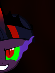Size: 1280x1706 | Tagged: safe, artist:wolfnanaki, character:king sombra, character:twilight sparkle, character:twilight sparkle (unicorn), species:pony, species:unicorn, ask corrupted twilight sparkle, black background, color change, corrupted, corrupted twilight sparkle, crown, curved horn, dark, dark magic, dark queen, darkened coat, darkened hair, evil grin, female, grin, horn, jewelry, looking at you, possessed, queen twilight, regalia, simple background, smiling, solo, sombra eyes, sombra horn, tiara, tumblr, tumblr:ask corrupted twilight sparkle, tyrant sparkle, vector