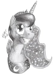 Size: 453x625 | Tagged: safe, artist:stallionslaughter, character:princess luna, species:alicorn, species:pony, bust, female, grayscale, mare, monochrome, pencil drawing, simple background, solo, traditional art, white background