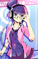 Size: 792x1224 | Tagged: safe, artist:banzatou, character:twilight sparkle, character:twilight sparkle (scitwi), species:eqg human, species:human, anime, clothing, cute, female, glasses, hair bun, headphones, humanized, looking at you, manga style, moe, skirt, smiling, solo