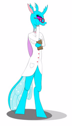 Size: 1638x2867 | Tagged: safe, artist:kirbymlp, oc, oc only, oc:sky shade, species:anthro, species:changeling, species:reformed changeling, species:unguligrade anthro, anthro oc, changedling oc, changeling oc, clipboard, clothing, coat, doctor, glasses, simple background, solo, white background