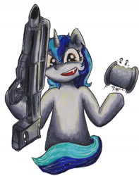 Size: 1320x1671 | Tagged: safe, artist:mr.candy_owo, oc, oc only, oc:cappie, species:pony, gun, magazine, pancor jackhammer, shotgun, simple background, solo, traditional art, weapon