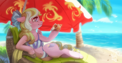 Size: 1600x833 | Tagged: safe, artist:spirit-alu, oc, oc only, oc:bay breeze, species:pegasus, species:pony, beach, belly button, bikini, bow, clothing, female, hair bow, lounge, mare, ocean, palm tree, sand, semi-anthro, shell, smiling, solo, sunshine, swimsuit, tree, umbrella