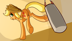 Size: 1920x1080 | Tagged: safe, artist:camyllea, character:applejack, species:earth pony, species:pony, newbie artist training grounds, atg 2017, clothing, cowboy hat, female, hat, kicking, looking back, mare, plot, punching bag, rear view, solo, stetson, underhoof