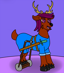 Size: 1120x1280 | Tagged: safe, artist:emerald rush, oc, oc only, species:deer, species:pony, ask emerald rush, disabled, male, solo, sword, weapon, wheelchair