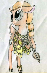 Size: 480x746 | Tagged: safe, artist:smt5015, species:deer, species:pony, aiushtha, aiushtha the enchantress, clothing, cloven hooves, deerified, doe, dota 2, leg rings, short tail, smiling, solo, traditional art, weapon