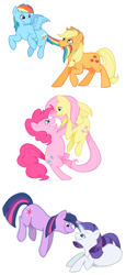 Size: 784x1710 | Tagged: safe, artist:arcticwaters, character:applejack, character:fluttershy, character:pinkie pie, character:rainbow dash, character:rarity, character:twilight sparkle, character:twilight sparkle (unicorn), species:earth pony, species:pegasus, species:pony, species:unicorn, ship:appledash, ship:flutterpie, ship:rarilight, female, lesbian, mane six, mare, shipping