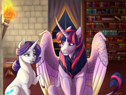 Size: 3000x2250 | Tagged: safe, artist:maxiima, artist:php130, character:rarity, character:twilight sparkle, character:twilight sparkle (alicorn), species:alicorn, species:pony, species:sphinx, species:unicorn, ship:rarilight, alternate universe, arranged marriage au, book, bookshelf, collaboration, colored hooves, colored wings, colored wingtips, crown, curved horn, female, hybrid, jewelry, lesbian, mare, multicolored wings, realistic horse legs, regalia, shipping, smiling, species swap, torch, wing claws