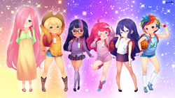 Size: 2560x1440 | Tagged: safe, artist:born-to-die, character:applejack, character:fluttershy, character:pinkie pie, character:rainbow dash, character:rarity, character:twilight sparkle, species:human, abstract background, alternate hairstyle, anime, anime style, arm band, armlet, backpack, basketball, boots, bracelet, braid, clothing, cowboy hat, cutie mark accessory, cutie mark on clothes, digital art, dress, earring, female, glasses, hair accessory, hair tie, hat, human female, humanized, jewelry, leg warmers, light skin, looking at you, mane six, moderate dark skin, multicolored hair, name tag, necklace, necktie, one eye closed, open mouth, patch, pom pom (clothes), randoseru, sandals, school uniform, shirt, shoes, short skirt, shorts, skirt, smiling, sneakers, socks, stetson, stockings, sweat, sweater dress, tongue out, wink, younger