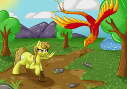 Size: 2000x1400 | Tagged: safe, artist:blues4th, oc, oc only, oc:calming voice, species:pegasus, species:phoenix, species:pony, amputee, cloud, falconry, flying, grass, missing limb, mountain, nature, prosthetics, scenery, solo, stump, sun, tree