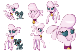 Size: 1400x940 | Tagged: safe, artist:swasfews, community related, character:pom lamb, species:sheep, them's fightin' herds, bell, bell collar, collar, digital art, female, lamb, lying down, open mouth, puppy, simple background, standing, tongue out, transparent background