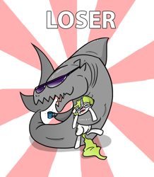 Size: 1000x1146 | Tagged: safe, artist:n-o-n, species:pony, species:unicorn, abstract background, ask-a-whiteshark, cup, female, glasses, hug, imminent sex, lipstick, loser, mare, meme, rough, shark, sunglasses