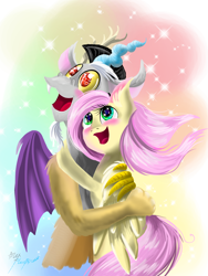 Size: 1536x2048 | Tagged: safe, artist:alexbluebird, character:discord, character:fluttershy, ship:discoshy, blushing, eye shimmer, female, heart eyes, hug, looking away, looking up, male, open mouth, shipping, straight, windswept mane, wingding eyes