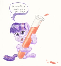Size: 1678x1811 | Tagged: safe, artist:lost marbles, character:twilight sparkle, character:twilight sparkle (alicorn), species:alicorn, species:pony, female, micro, potion, shrunk, solo, test tube, traditional art