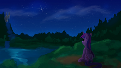 Size: 1024x576 | Tagged: safe, artist:camyllea, character:twilight sparkle, character:twilight sparkle (alicorn), species:alicorn, species:pony, newbie artist training grounds, atg 2017, canterlot, canterlot castle, female, forest, grass, lake, looking up, mare, night, outdoors, river, scenery, shooting star, sitting, smiling, solo, stargazing, starry night, tree, water, waterfall