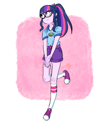 Size: 1000x1200 | Tagged: safe, artist:tamoqu, character:twilight sparkle, character:twilight sparkle (scitwi), species:eqg human, equestria girls:legend of everfree, g4, my little pony: equestria girls, my little pony:equestria girls, clothing, converse, cute, female, glasses, looking away, no pupils, ponytail, shirt, shoes, shorts, smiling, sneakers, socks, solo, t-shirt, twiabetes