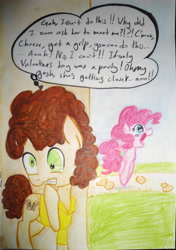 Size: 2508x3572 | Tagged: safe, artist:beetrue, character:cheese sandwich, character:pinkie pie, species:pony, ship:cheesepie, chibi, derp, female, high res, implied cheesepie, implied shipping, implied straight, male, pronking, shipping, straight, traditional art
