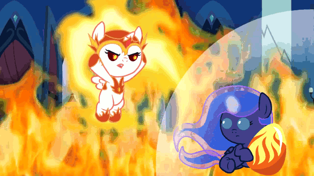 Size: 640x360 | Tagged: safe, artist:magpie-pony, character:daybreaker, character:princess celestia, character:princess luna, species:pony, angry, animated, baby, diabreaker, don't mess with baby daybreaker, female, filly, fire, flying, gif, glowing horn, loop, mane of fire, phoenix egg, this will end in death, this will end in tears, this will end in tears and/or death, woona, younger, youtube link