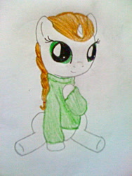 Size: 1200x1600 | Tagged: safe, artist:beetrue, oc, oc only, oc:winterberry, species:pony, species:unicorn, chibi, clothing, female, mare, sitting, solo, sweater, traditional art