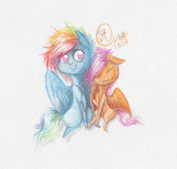 Size: 1965x1871 | Tagged: safe, artist:kimsteinandother, character:rainbow dash, character:scootaloo, species:pony, chibi, eyes closed, scootalove, smiling, traditional art