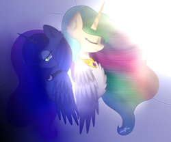 Size: 1024x853 | Tagged: safe, artist:anasflow, character:princess celestia, character:princess luna, species:alicorn, species:pony, back to back, bust, chest fluff, duo, eyes closed, portrait, royal sisters, smiling