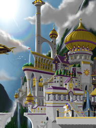 Size: 1536x2048 | Tagged: safe, artist:qzygugu, species:bird, species:pony, architecture, background pony, blimp, canterlot, cloud, detailed background, male, mountain, royal guard, scenery, scenery porn, sky, stallion, tower