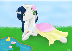 Size: 1024x724 | Tagged: safe, artist:mimicproductions, oc, oc only, oc:muffinkarton, species:pony, species:unicorn, clothing, dress, duckling, female, mare, pond, prone, solo