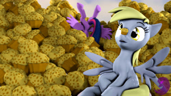 Size: 4000x2250 | Tagged: safe, artist:thevioletghost, character:derpy hooves, character:twilight sparkle, character:twilight sparkle (alicorn), species:alicorn, species:pegasus, species:pony, 3d, cute, food, muffin, source filmmaker