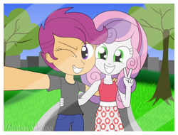 Size: 1280x973 | Tagged: safe, artist:phantomshadow051, character:scootaloo, character:sweetie belle, ship:scootabelle, my little pony:equestria girls, clothing, female, friendshipping, lesbian, one eye closed, park, selfie, shipping, smiling, wink