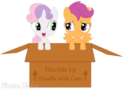 Size: 1280x922 | Tagged: safe, artist:phantomshadow051, character:scootaloo, character:sweetie belle, species:pegasus, species:pony, species:unicorn, ship:scootabelle, box, female, filly, lesbian, literal shipping, pony in a box, shipping, simple background, white background