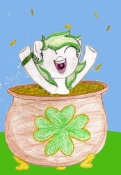Size: 2265x3252 | Tagged: safe, artist:beetrue, oc, oc only, oc:irish rose, species:earth pony, species:pony, female, happy, high res, mare, pot of gold, solo, traditional art
