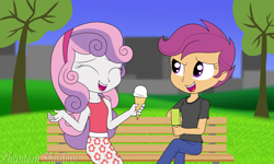 Size: 1280x768 | Tagged: safe, artist:phantomshadow051, character:scootaloo, character:sweetie belle, ship:scootabelle, my little pony:equestria girls, clothing, cute, female, food, friendshipping, ice cream, lesbian, open mouth, park, shipping, skirt