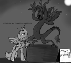 Size: 800x709 | Tagged: safe, artist:thex-plotion, character:discord, character:princess luna, monochrome, s1 luna
