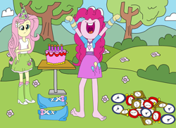 Size: 2337x1700 | Tagged: safe, artist:equestriaguy637, character:fluttershy, character:pinkie pie, my little pony:equestria girls, barefoot, cake, clock, clothing, equestria girls interpretation, feet, food, grass, happy, happy birthday to you!, nose in the air, open mouth, scene interpretation, shoes, shoes off, silly human, skirt, smiling, socks, striped socks, tank top, uvula, volumetric mouth