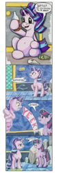 Size: 1500x4400 | Tagged: safe, artist:frenkieart, character:starlight glimmer, character:twilight sparkle, character:twilight sparkle (alicorn), species:alicorn, species:pony, species:unicorn, accident, alcohol, cider, comic, desperation, dialogue, drunk, drunklight glimmer, fear wetting, full bladder, implied pissing, implied wetting, lidded eyes, need to pee, omorashi, potty emergency, potty time, puddle, scared, shrunken pupils, startled, traditional art, twilight's castle, urine