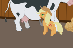 Size: 1145x763 | Tagged: safe, artist:philith, character:applejack, species:cow, species:earth pony, species:pony, bucket, butt, female, implied milking, mare, mouth hold, plot, udder