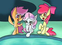 Size: 2200x1600 | Tagged: safe, artist:yourfavoritelove, character:apple bloom, character:scootaloo, character:sweetie belle, cave, cave pool, cutie mark crusaders, mirror pool, this will end in tears and/or death and/or covered in tree sap, xk-class end-of-the-world scenario